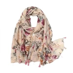 Scarf Shawl Wrap Headscarf Pink Tassel Floral Shawl Cotton Viscose Scarf